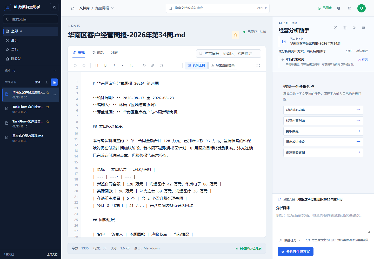 AI 数据复盘助手公开演示：内置经营周报、文档编辑器与分析目标面板